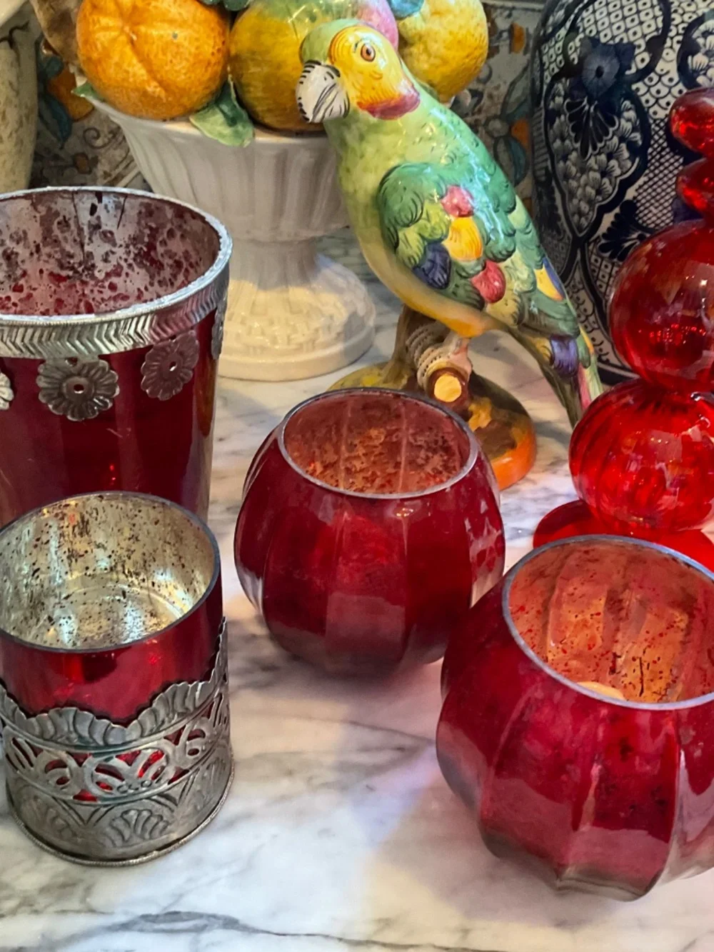 Set of lovely gathered red glass candlesticks, votive holders and vases